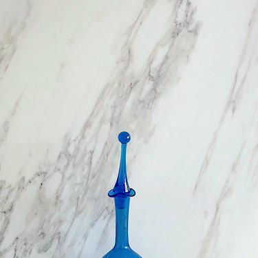 Vintage Mid Century Modern Wayne Husted Blenko #37 Art Glass Decanter with Stopper #6311 Blue Crackled 