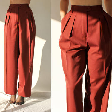Vintage 80s Escada Brick Red Double Pleated High Waisted Pants | Made in West Germany | 100% New Wool | 1980s Designer Boho Wide Leg Slacks 