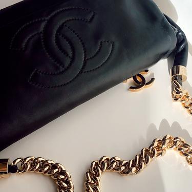 Vintage 90s CHANEL Huge CC - Gold Thick Chain & Charm Classic Flap BLACK Shoulder Bag 