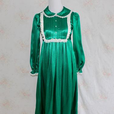 Vintage 60s Satin Dress, 1960s Party Dress, Peter Pan Collar Dress, Babydoll Dress, Dolly Dress, Green, Lace, Ruffle, Holiday 