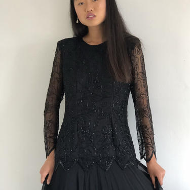 80s beaded silk dress / vintage black sheer silk chiffon beaded dress / dropped waist maxi cocktail hostess dress | M 
