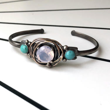 Lavender Moon Quartz Nest Cuff in Sterling Silver with 6mm Turquoises Handmade One of a Kind Bracelet Cuff 