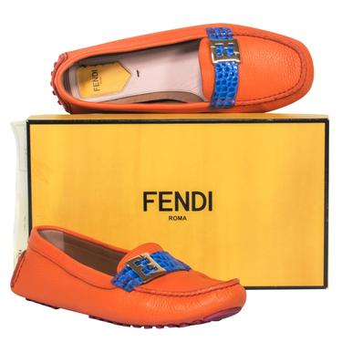 Fendi - Orange Pebbled Leather Loafers w/ Blue Crocodile Strap Sz 10.5