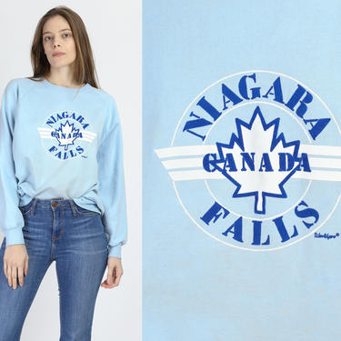 80s Niagara Falls Canada Sweatshirt - Extra Large | Vintage Blue Maple Leave Graphic Tourist Pullover 