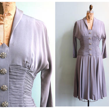 Vintage 1940's Gathered Pewter Rhinestone Button Dress | Size Small 