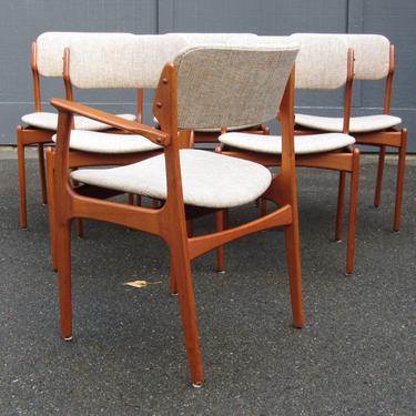Six Danish modern teak Erik Buch 49 dining chairs w/new upholstery (one captian, five armless) 