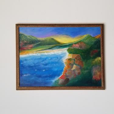 1970s Coastal Mountain Landscape Oil Painting by Luci Rosenberg, Framed. 