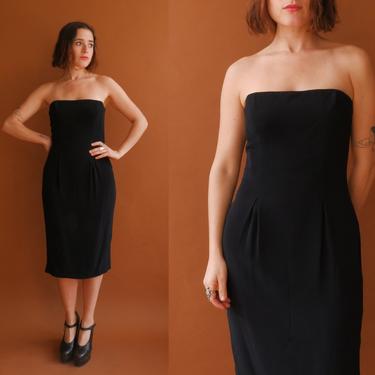 Vintage 90s Black Strapless Cocktail Dress/ 1990s Minimalist Sweetheart Sheath Dress/ Size Small 