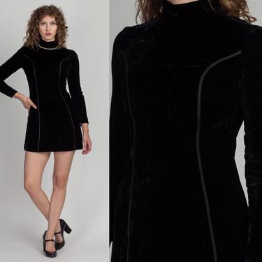 60s Gay Gibson Black Velvet Mini Dress - Petite Small | Vintage Long Sleeve A Line Satin Princess Seam Party Dress 