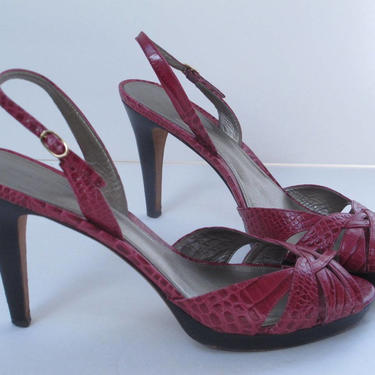 Sz 9.5 Magenta Leather Womens High Heels Slingback Shoes Designer Ann Taylor Raspberry Pink Fuschia Pink Leather Pumps Strappy Leather Shoes 