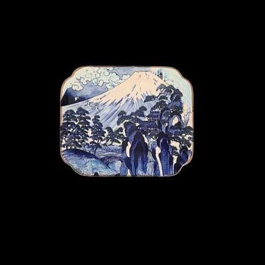 Vintage Large Ceramic Platter SUN CERAMICS Japanese Mount Fuji Nature Scene with Pagoda Houses, Trees and Clouds 
