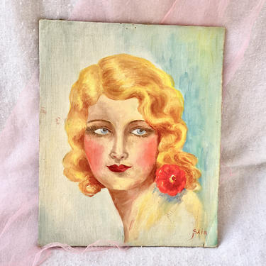 Vintage Oil Painting, Young Woman, Blonde Beauty, 1920s 1930s Art 