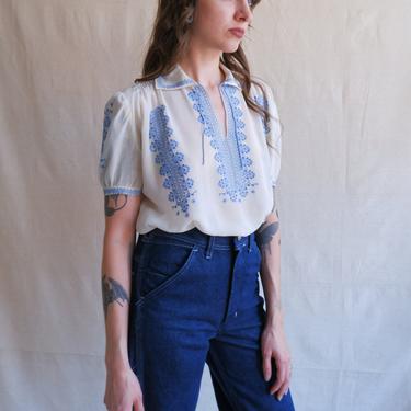 Vintage Embroidered Silk Folk Blouse/White Puff Sleeve Needlepoint Top with Smocking/ Size Small 