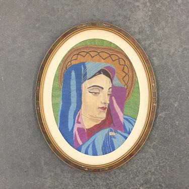 Antique Crewel Retro 1930s Homemade Embroidery + Mother Mary with Halo + Fiber Art + Carved Wood Oval Frame + Religious Art + Home Decor 