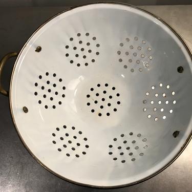 Vintage White Enamel Colander with Small Blue Flowers 