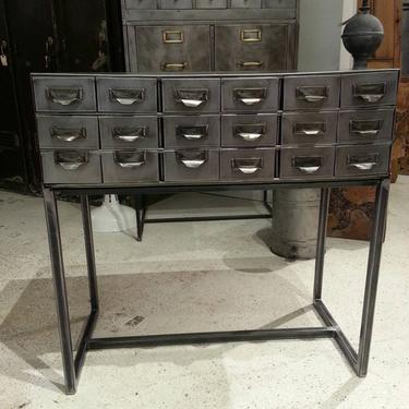 Vintage industrial stripped steel shop cabinet / sofa table 