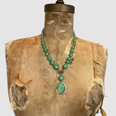 PEKING GLASS Vintage 30s Necklace | 1930s Czech Jade Like Beads w/ Enamel Pendant | 20s 1920s Art Deco Czechoslovakia Jewelry Flapper Gatsby 