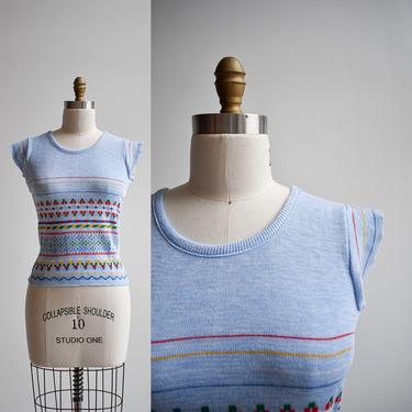1970s Blue Knit Short Sleeve Striped Sweater 