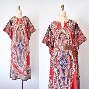 60s 70s dashiki kaftan, boho maxi dress, hippie caftan dress, vintage clothing, red dress 