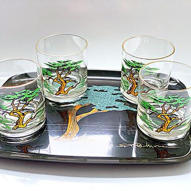 Vintage Couroc barware set 4 Monterey Cypress Tree lowball whiskey glasses & serving tray Mid Century Modern California coastal decor 