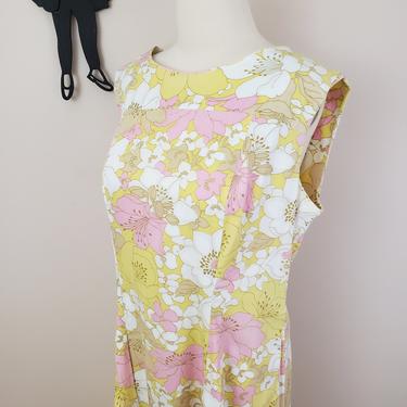 Vintage 1960's Pink and Yellow Floral Dress / 60s Cotton Day Dress L/XL 
