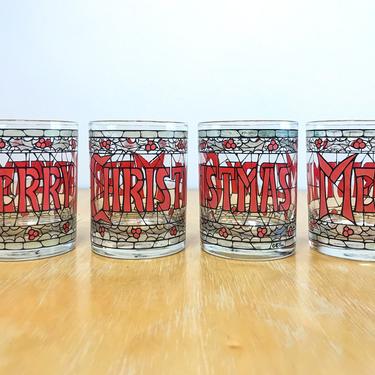 Vintage &amp;quot;Merry Christmas&amp;quot; Lowball Glasses, Set of 4 Holiday Old Fashioned Cocktail Tumblers with Stained Glass Holly Berry Design 