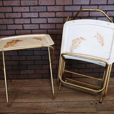 Set of 4 Wheat Fiberglass TV Tray Space Saver Set with Rolling Storage Rack 