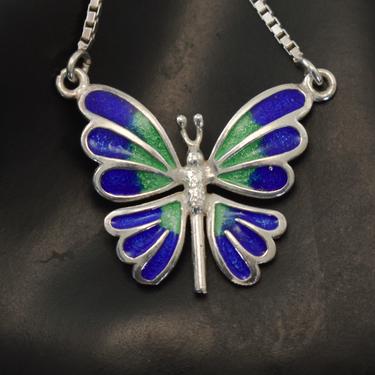 Vibrant 80's sterling enamel abstract butterfly affixed boho pendant, detailed 925 silver green blue winged insect necklace 