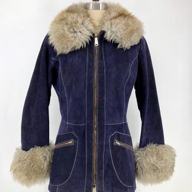 70s PENNY LANE navy suede &amp; shearling trim zipper fall / winter jacket 1970s vintage coat 