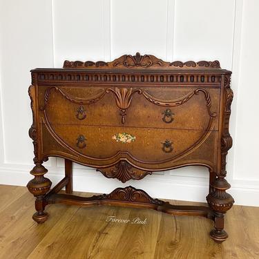NEW - Rare Vintage Jacobean Style Server with Original Floral Decal, Antique Sideboard, Dining Room Furniture 