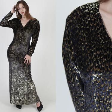 Vintage 80s Velvet Burnout Dress / Sparkly Gold Feather Party Dress / 1980s Tight Sexy Bodycons Dress / Formal Evening Cocktail Wiggle Maxi 