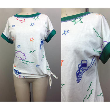 Vintage 70s 80s NAUTICAL T-Shirt Side Tie Boat Stars Tshirt Tee Novelty Print You Babes S 