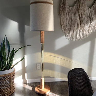 Vintage 1970s Wood and Brass Floor Lamp 