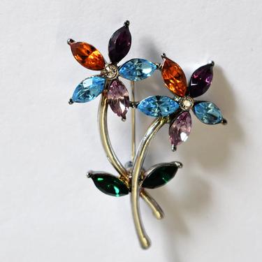 60's Monet rhinestones silver plated metal Atomic flowers brooch, funky multi-colored crystal abstract floral bling designer costume pin 