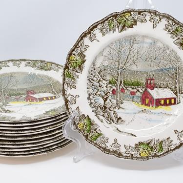 Set of 12 Friendly Village Ironstone Dinner Plates - The School House Pattern by Johnson Brothers 