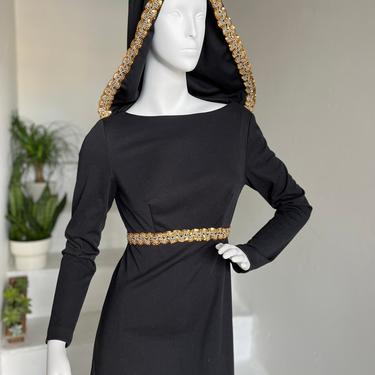 Witchy 1970s Backless Hooded Dress with Sequined Trim 34 Bust Vintage 