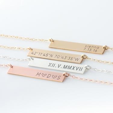 Personalized Bar Necklace\  Custom Name Plate Necklace\ Gold Name Bar\ Hand Stamped Custom Necklace\ Roman Numeral Bar Necklace\Gift for Her 