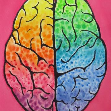 Rainbow Dots Brain  -  original watercolor painting - neuroscience art 
