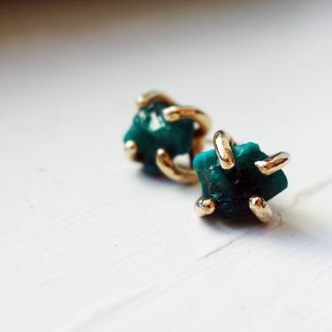 Emerald Green Dioptase Studs in 14k Yellow Gold Claw Prong Studs 