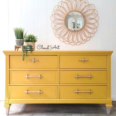 SHIPPING NOT fREE Midcentury 6 Drawer Dresser Buffet Server Credenza TV Stand Nursery Farmhouse Boho Mustard Yellow Cottage Maryland Painted by CloudArt
