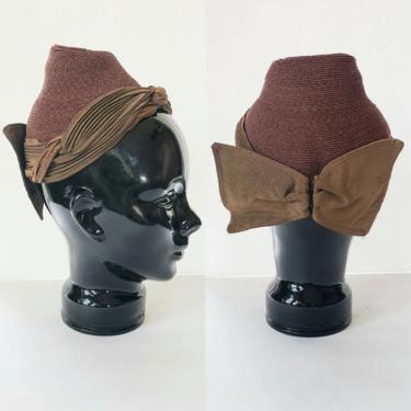 1930s Brown Peaked Hat with Bow / 30s Woven Strawn Cone Shaped Modernist Cocktail Hat / Leelee 