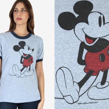 Mickey Mouse T Shirt, Heather Blue Mickey T Shirt, Disneyland Cartoon Tee, Vintage 80s Walt Disney Navy Ringer 50 50 T Shirt 