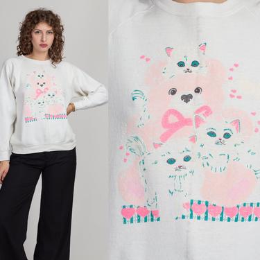 80s Teddy Bear & Kittens Sweatshirt - Extra Large | Vintage Distressed White Raglan Sleeve Graphic Pullover 