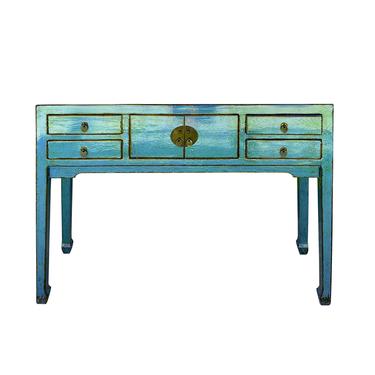 Oriental Rustic Teal Blue Lacquer Drawers Slim Foyer Side Table cs6178BE 