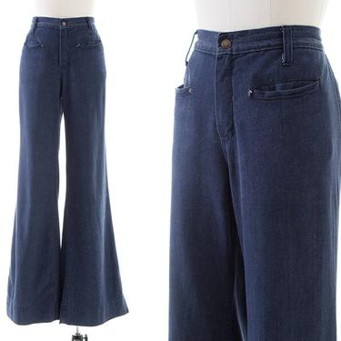 Vintage 1970s Jeans | 70s Dark Blue Denim High Waisted Wide Leg Boho Pants by Plush Bottoms (small/medium) 
