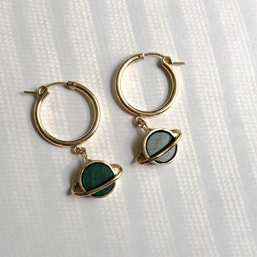 Gold and Malachite Saturn Hoops Space Astronaut Earrings 