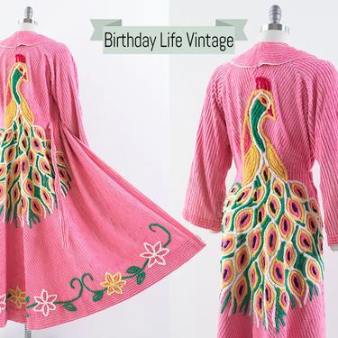 Vintage 1940s 1950s Robe | 40s 50s Chenille Peacock Novelty Print Pink Floral Loungewear Robe (small/medium) 