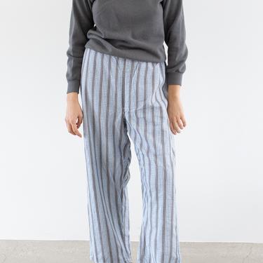 Vintage 26-42 Waist Stripe Flannel Drawstring Easy Pant | Blue Grey White  High Waist Holiday Cotton Pajama Pants | FL024 | L 