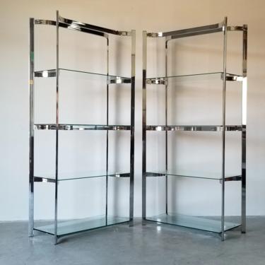 Mid Century Milo Baughman Chrome &amp; Glass Etagere Bookcase Shelf - a Pair 