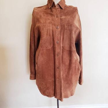 1980s Krizia Brown Suede Shirt / 80s Leather Button Down Designer Shirt Long Sleeved / Medium / Mariuccia 